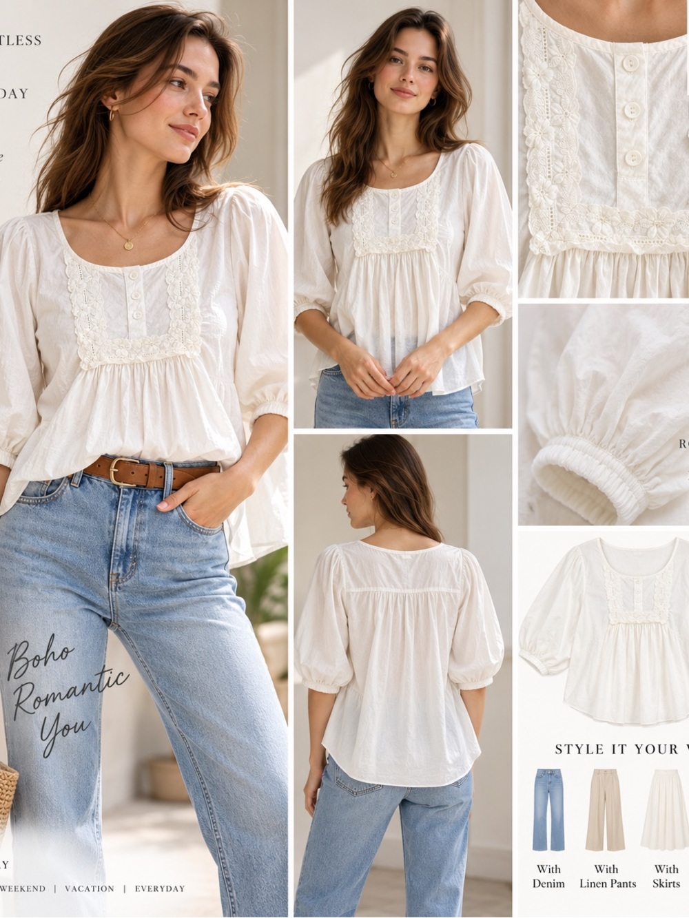 White 100% Cotton Embroidered Boho Puff Sleeve Top M